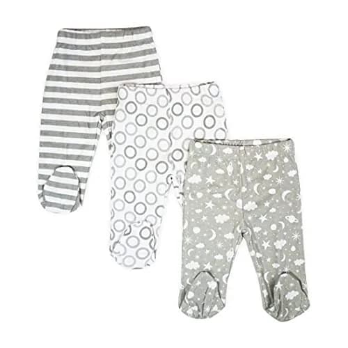 Spasilk Baby Cotton Pull on Footed Pants, 3 Pack Casual Leggings with Feet, Gray Celestial | Soft 100% Cotton Baby Pants for 3-9 Months thumbnail 1
