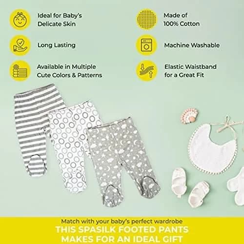 Spasilk 3 Pack Cotton Footed Pants for Baby Boy and Baby Girl | Unisex Newborn Baby Pants in 9 Months thumbnail 7