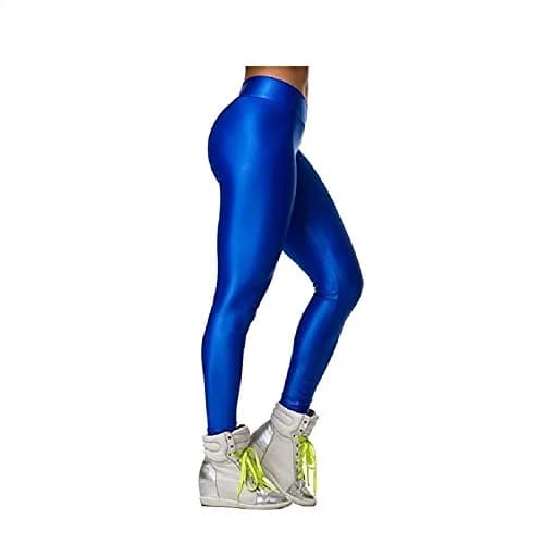 Hupplle Neon Stretch Skinny Shiny Leggings Pants (Blue, Large) | High Waist, Opaque & Comfortable thumbnail 2