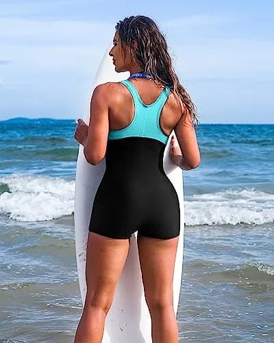 CharmLeaks Women Boyshort Competitive Swimsuit Long Torso Black Aqua M | Racerback, UPF 50+, Quick Dry thumbnail 6