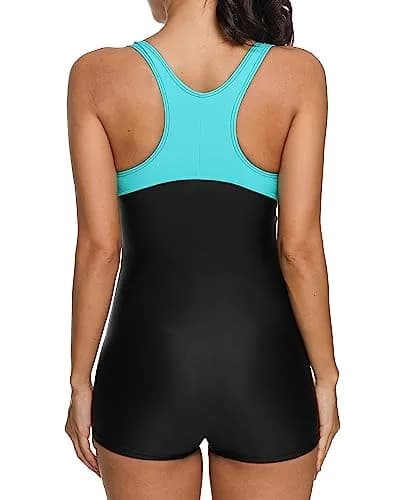 CharmLeaks Women Boyshort Competitive Swimsuit Long Torso Black Aqua M | Racerback, UPF 50+, Quick Dry thumbnail 2