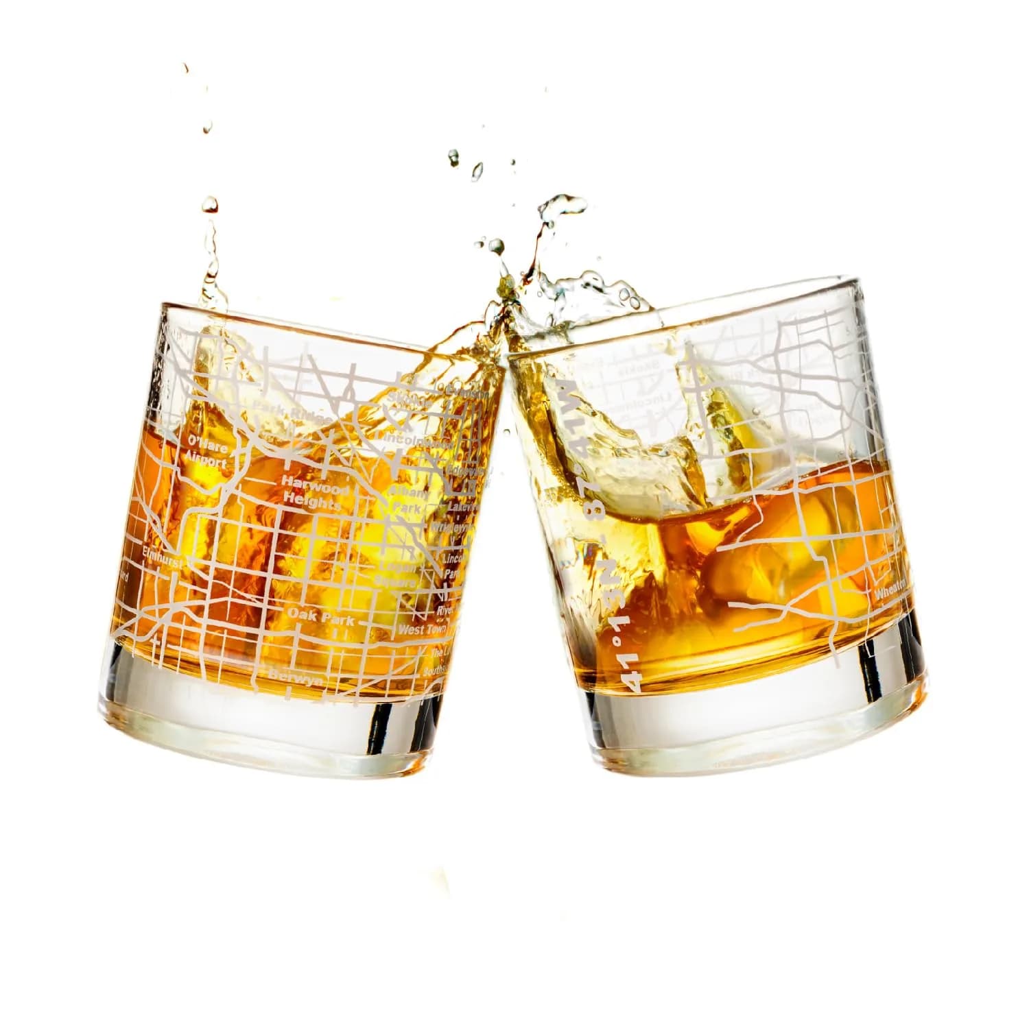 Greenline Goods Chicago Map Etched Whiskey Glass Set of 2 | 296ml (10 Fl Oz) Old Fashioned Rocks Glasses — Chicago
