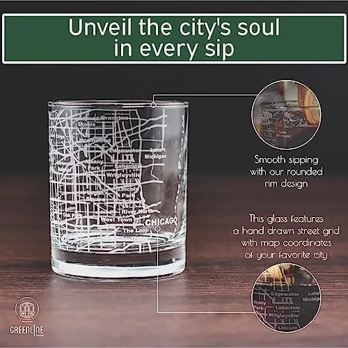 Greenline Goods Chicago Map Etched Whiskey Glass Set of 2 | 296ml (10 Fl Oz) Old Fashioned Rocks Glasses thumbnail 4