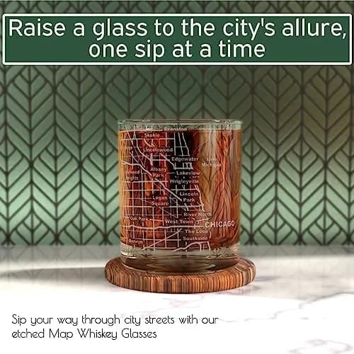 Greenline Goods Chicago Map Etched Whiskey Glass Set of 2 | 296ml (10 Fl Oz) Old Fashioned Rocks Glasses thumbnail 2