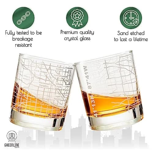 Greenline Goods Chicago Map Etched Whiskey Glass Set of 2 | 296ml (10 Fl Oz) Old Fashioned Rocks Glasses thumbnail 3
