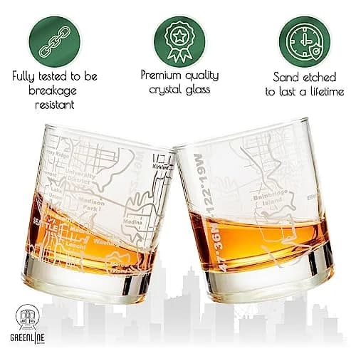 Greenline Goods Seattle Map Etched Whiskey Glasses - 355ml (12 Oz) Set of 2 | Heavy Base Old Fashioned Rocks Tumblers thumbnail 3