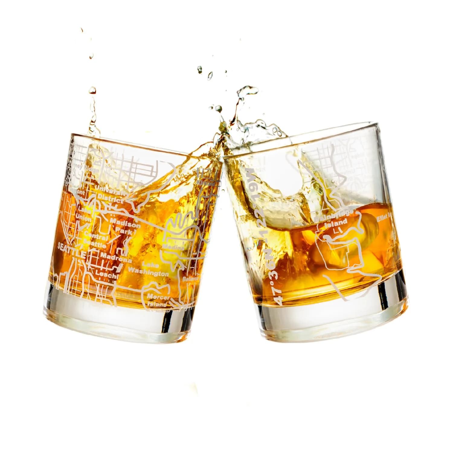 Greenline Goods Seattle Map Etched Whiskey Glasses - 355ml (12 Oz) Set of 2 | Heavy Base Old Fashioned Rocks Tumblers - main product image