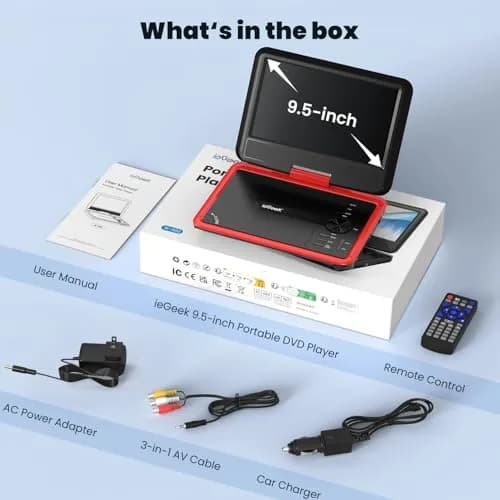 ieGeek 11.5" Portable DVD Player, 9.5" HD Screen, Red | 5-Hour Battery Life, USB/SD Playback, TV Sync thumbnail 9