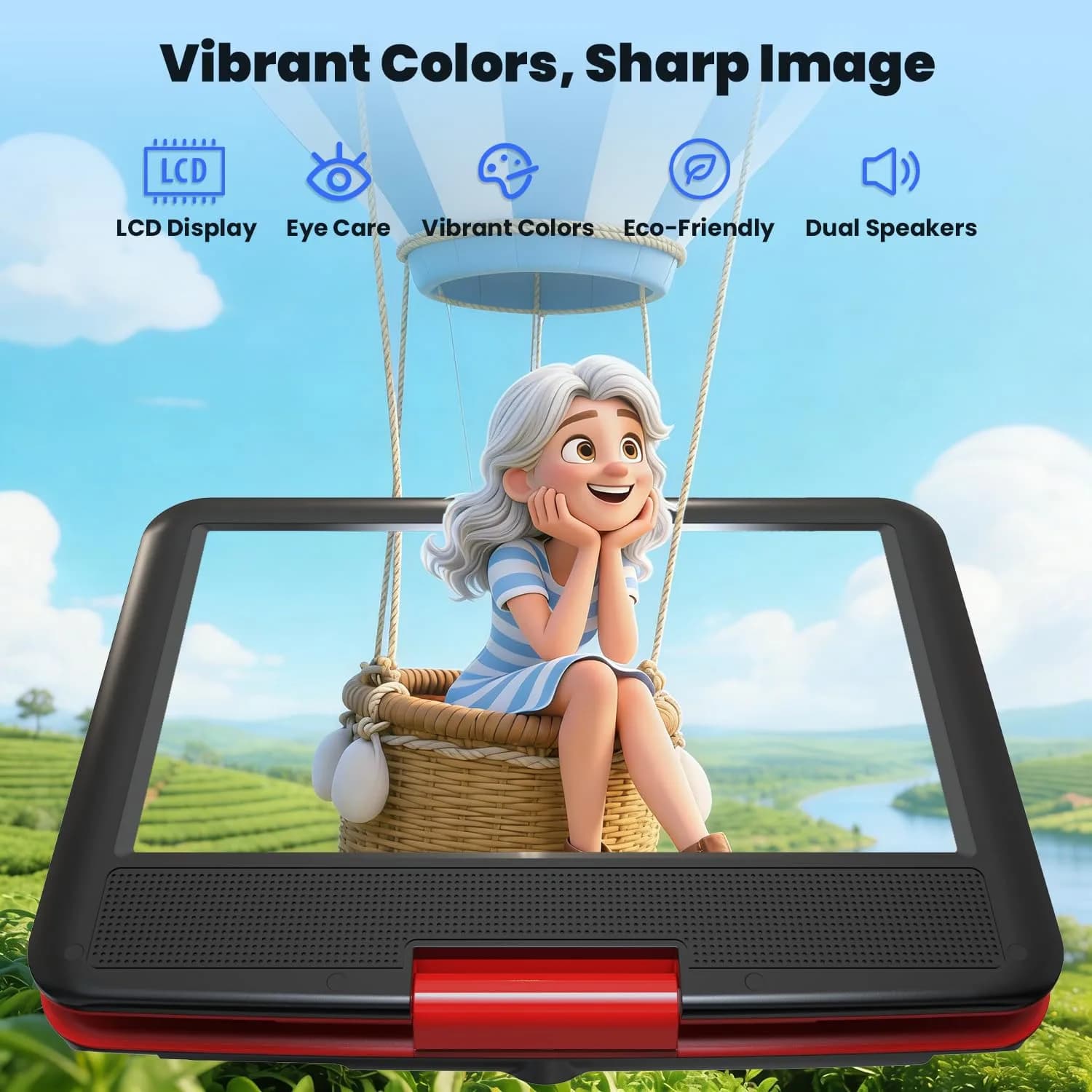 ieGeek 11.5" Portable DVD Player, 9.5" HD Screen, Red | 5-Hour Battery Life, USB/SD Playback, TV Sync - view 2