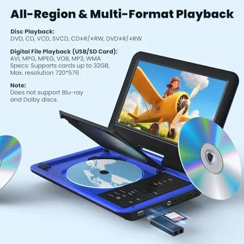 ieGeek 11.5" Portable DVD Player with 9.5" HD Screen, 5-Hour Battery, Blue | Car Travel Entertainment thumbnail 4