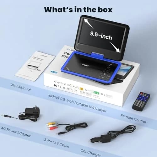 ieGeek 11.5" Portable DVD Player with 9.5" HD Screen, 5-Hour Battery, Blue | Car Travel Entertainment thumbnail 9