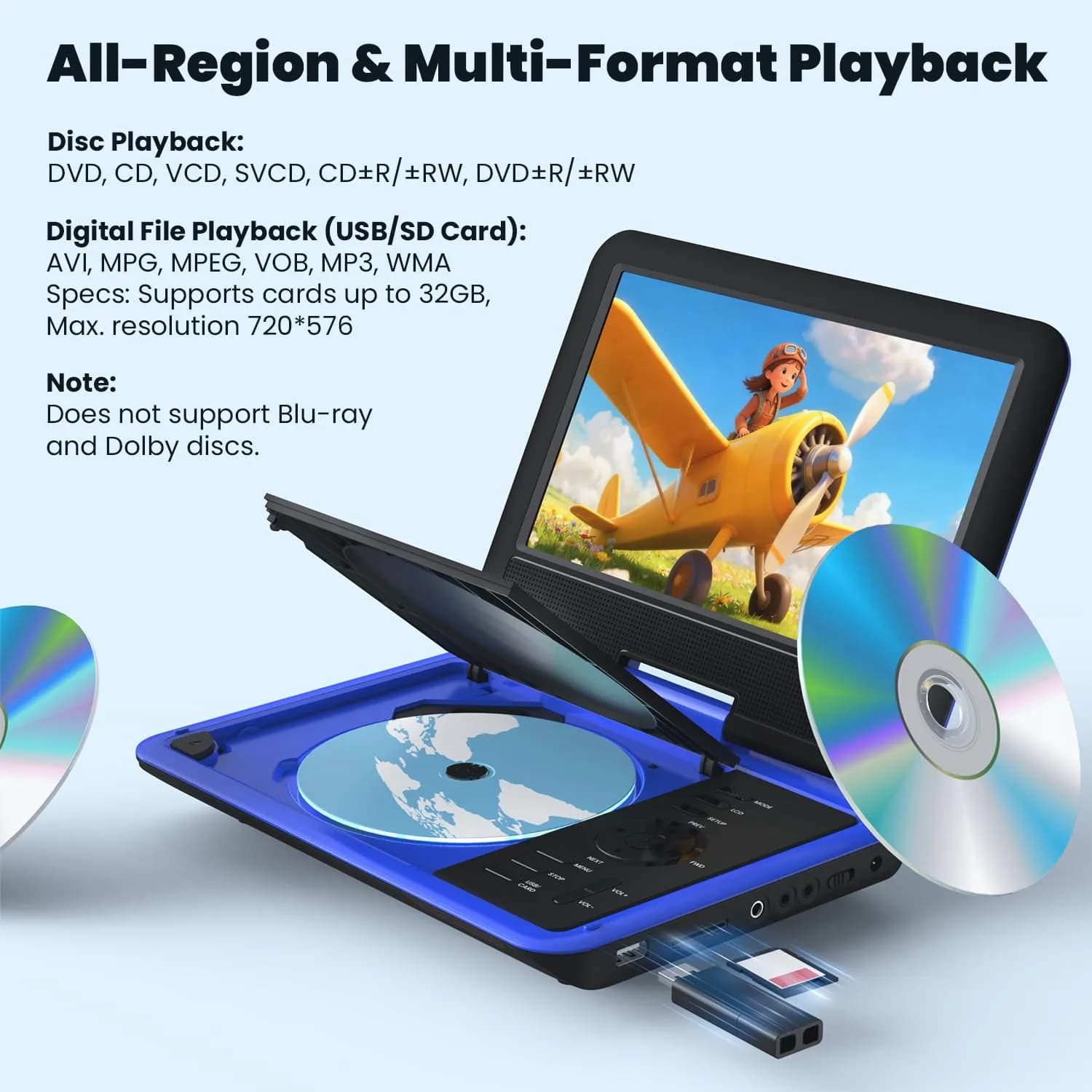 ieGeek 11.5" Portable DVD Player with 9.5" HD Screen, 5-Hour Battery, Blue | Car Travel Entertainment - view 4