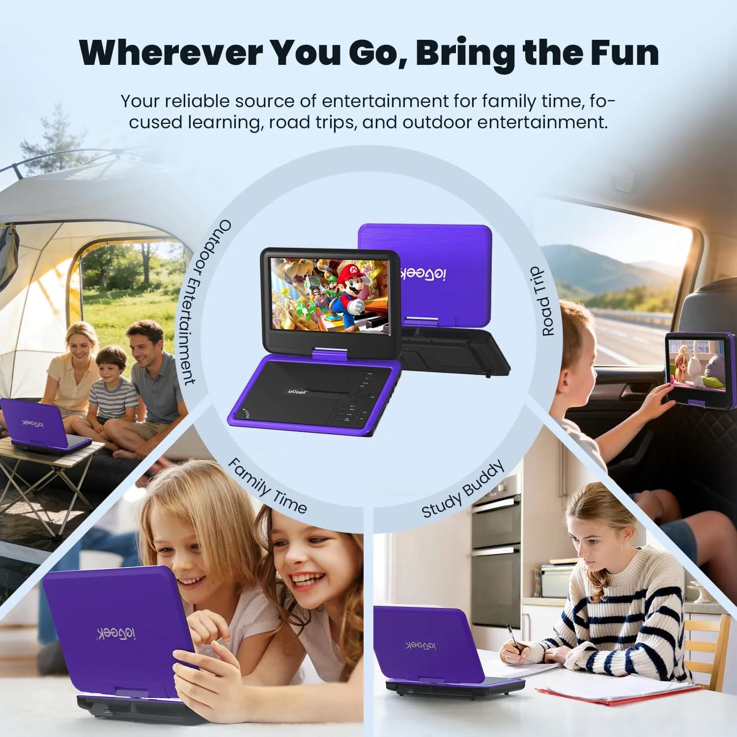 ieGeek 11.5" Portable DVD Player, 9.5" HD Screen, Purple | 5-Hour Battery, USB/SD Playback, TV Sync - view 6