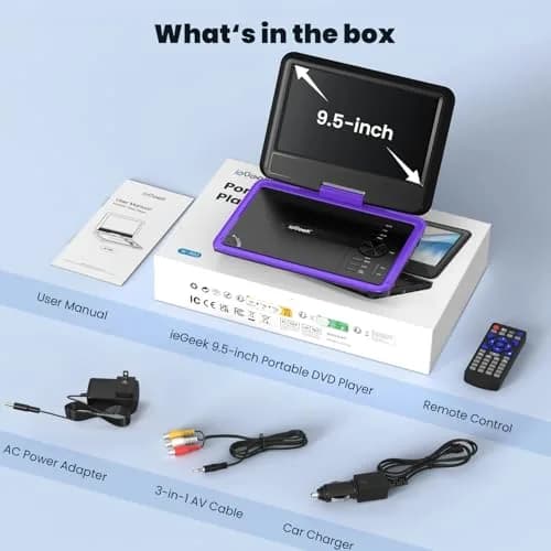 ieGeek 11.5" Portable DVD Player, 9.5" HD Screen, Purple | 5-Hour Battery, USB/SD Playback, TV Sync thumbnail 9