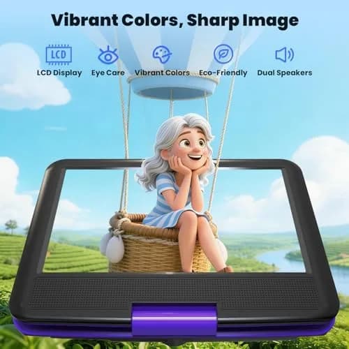 ieGeek 11.5" Portable DVD Player, 9.5" HD Screen, Purple | 5-Hour Battery, USB/SD Playback, TV Sync thumbnail 2