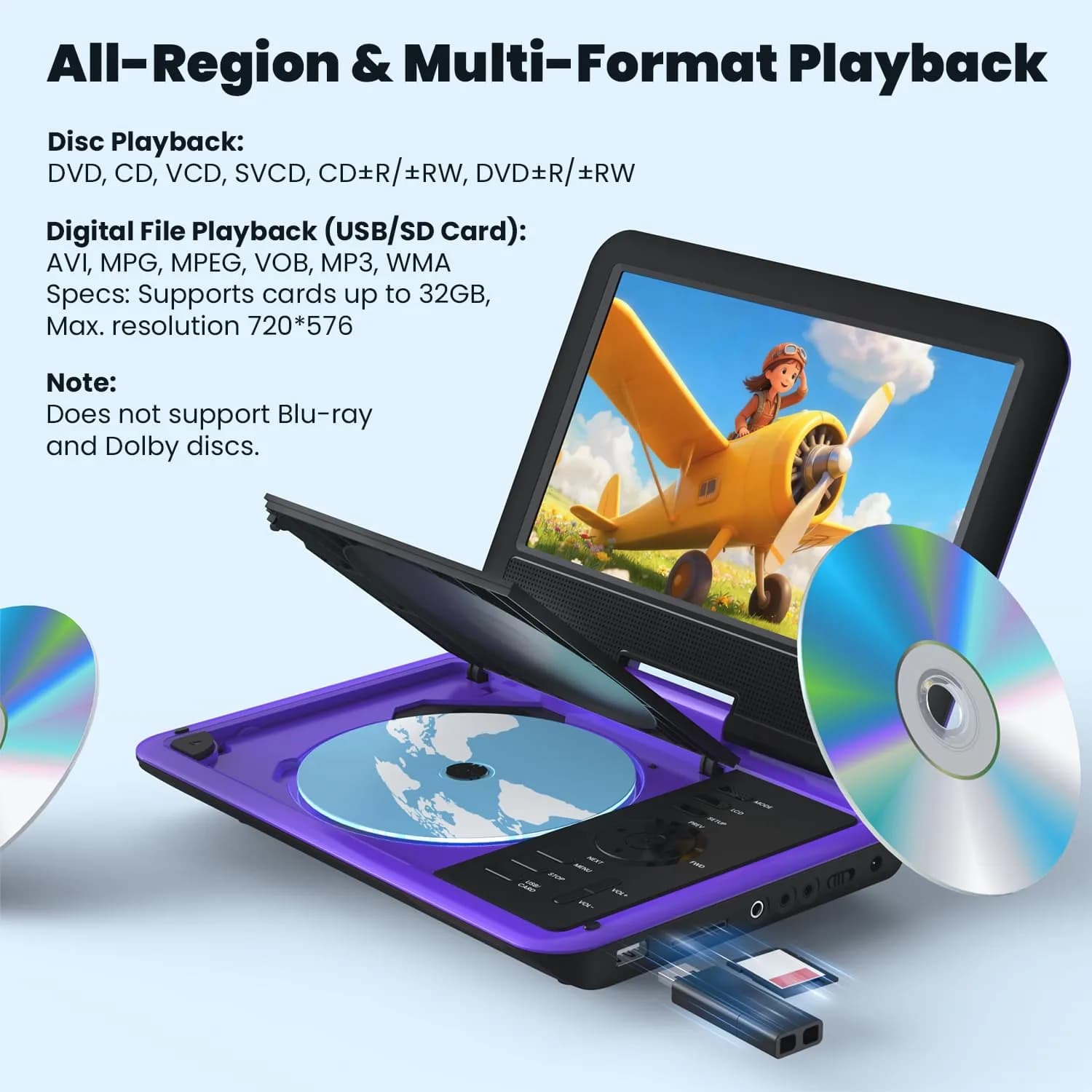 ieGeek 11.5" Portable DVD Player, 9.5" HD Screen, Purple | 5-Hour Battery, USB/SD Playback, TV Sync - view 4