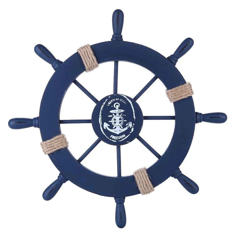 Rienar Wooden Ship Wheel Wall Decor 11" Navy Blue Nautical Anchor Beach Bathroom | Coastal Nautical Charm — 11"L x 11"W