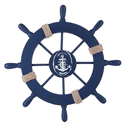 Rienar Wooden Ship Wheel Wall Decor 11" Navy Blue Nautical Anchor Beach Bathroom | Coastal Nautical Charm thumbnail 1