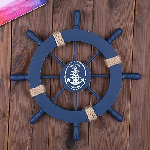 Rienar Wooden Ship Wheel Wall Decor 11" Navy Blue Nautical Anchor Beach Bathroom | Coastal Nautical Charm thumbnail 4