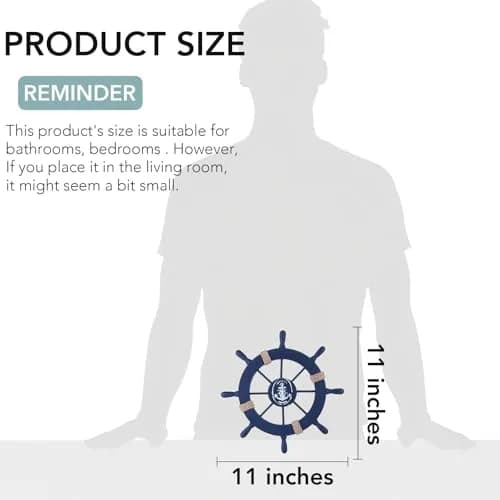 Rienar Wooden Ship Wheel Wall Decor 11" Navy Blue Nautical Anchor Beach Bathroom | Coastal Nautical Charm thumbnail 2