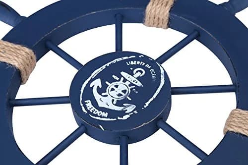Rienar Wooden Ship Wheel Wall Decor 11" Navy Blue Nautical Anchor Beach Bathroom | Coastal Nautical Charm thumbnail 3