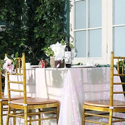 SoarDream Iridescent White Sequin Tablecloth 60"x102" Wedding Table Cloth | Elegant Sparkly Decor thumbnail 4
