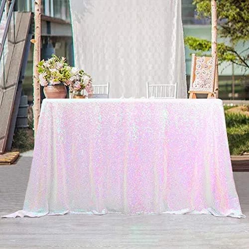 SoarDream Iridescent White Sequin Tablecloth 60"x102" Wedding Table Cloth | Elegant Sparkly Decor thumbnail 8