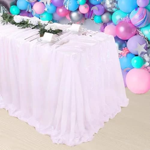 SoarDream Iridescent White Sequin Tablecloth 60"x102" Wedding Table Cloth | Elegant Sparkly Decor thumbnail 2