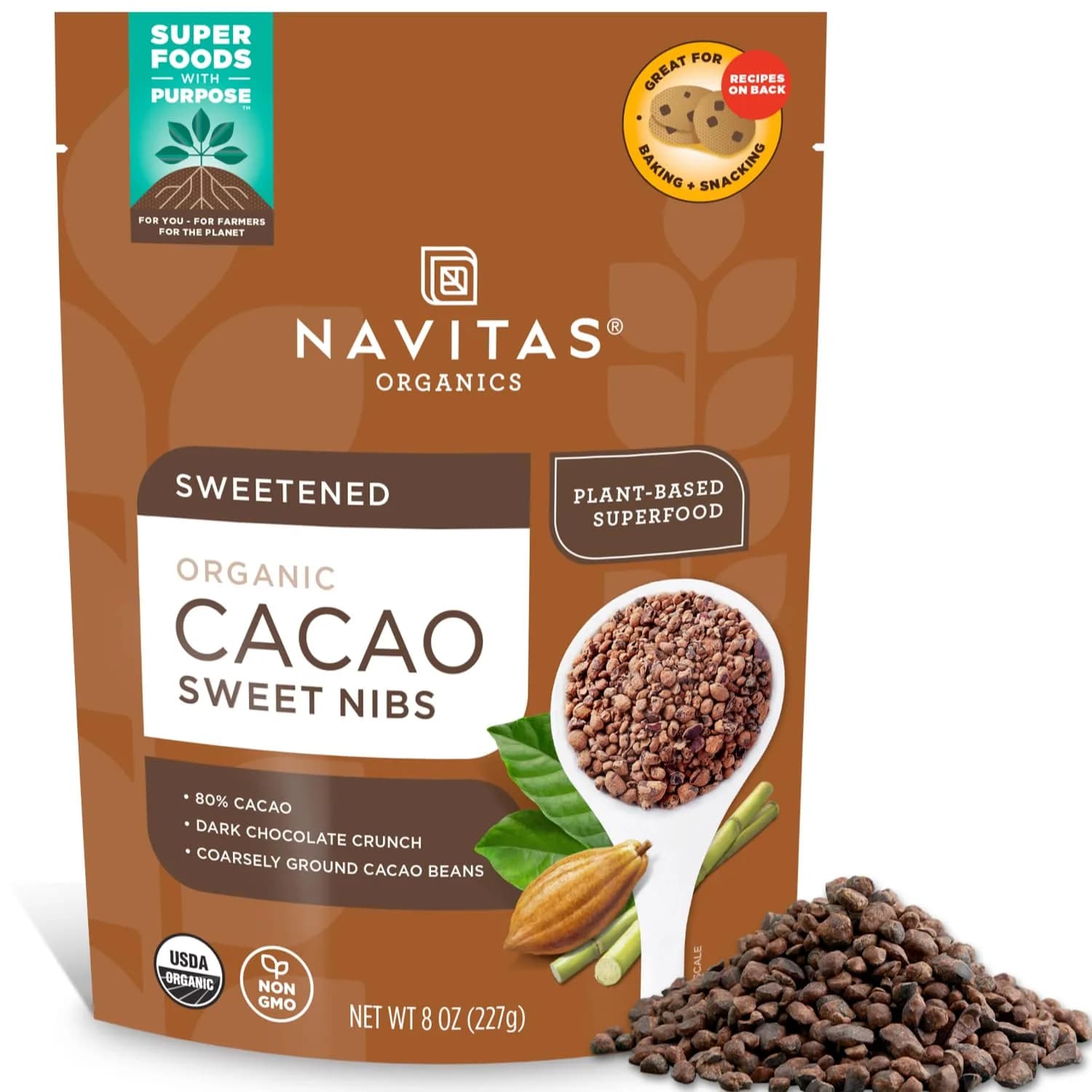 Navitas Organics Cacao Nibs – Sweetened Dark Chocolate Crunch | USDA Organic, Fairtrade, Non-GMO, Gluten-Free (8oz)