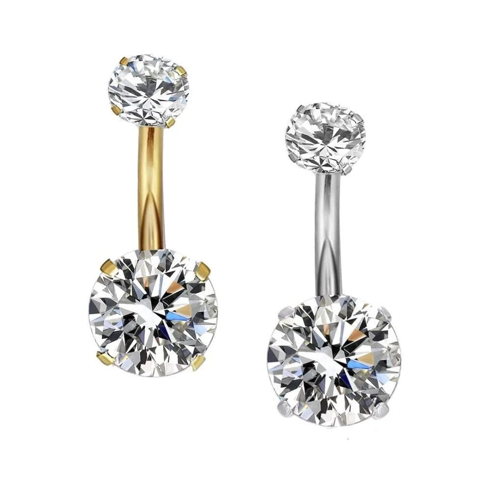 YHMM 14G Surgical Steel Belly Button Rings 12mm | Hypoallergenic CZ Navel Barbell for Women Men — 2 Pcs Clear, Gold+Silver