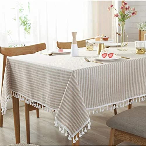 Bringsine Cotton Linen Tablecloth 55x55 Inch | Modern Stripe Tassel Design (70-120 chars) thumbnail 1