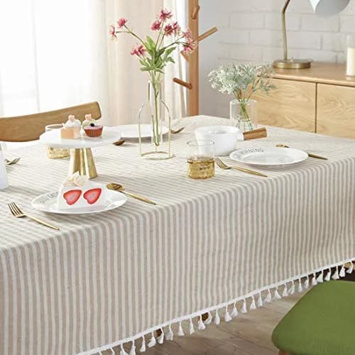 Bringsine Cotton Linen Tablecloth 55x55 Inch | Modern Stripe Tassel Design (70-120 chars) thumbnail 4