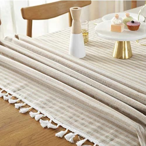 Bringsine Cotton Linen Tablecloth 55x55 Inch | Modern Stripe Tassel Design (70-120 chars) thumbnail 5
