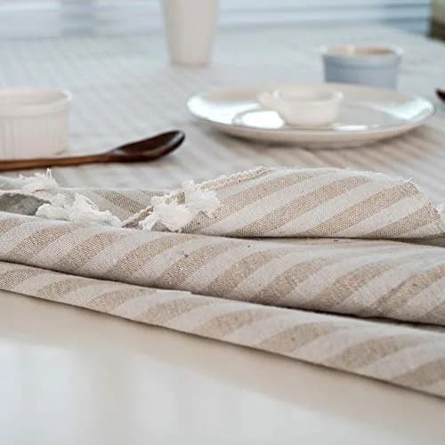 Bringsine Cotton Linen Tablecloth 55x55 Inch | Modern Stripe Tassel Design (70-120 chars) thumbnail 6