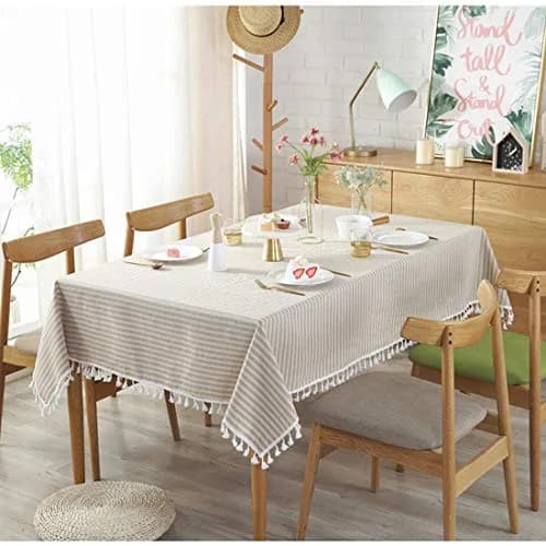 Bringsine Cotton Linen Tablecloth 55x55 Inch | Modern Stripe Tassel Design (70-120 chars) thumbnail 2