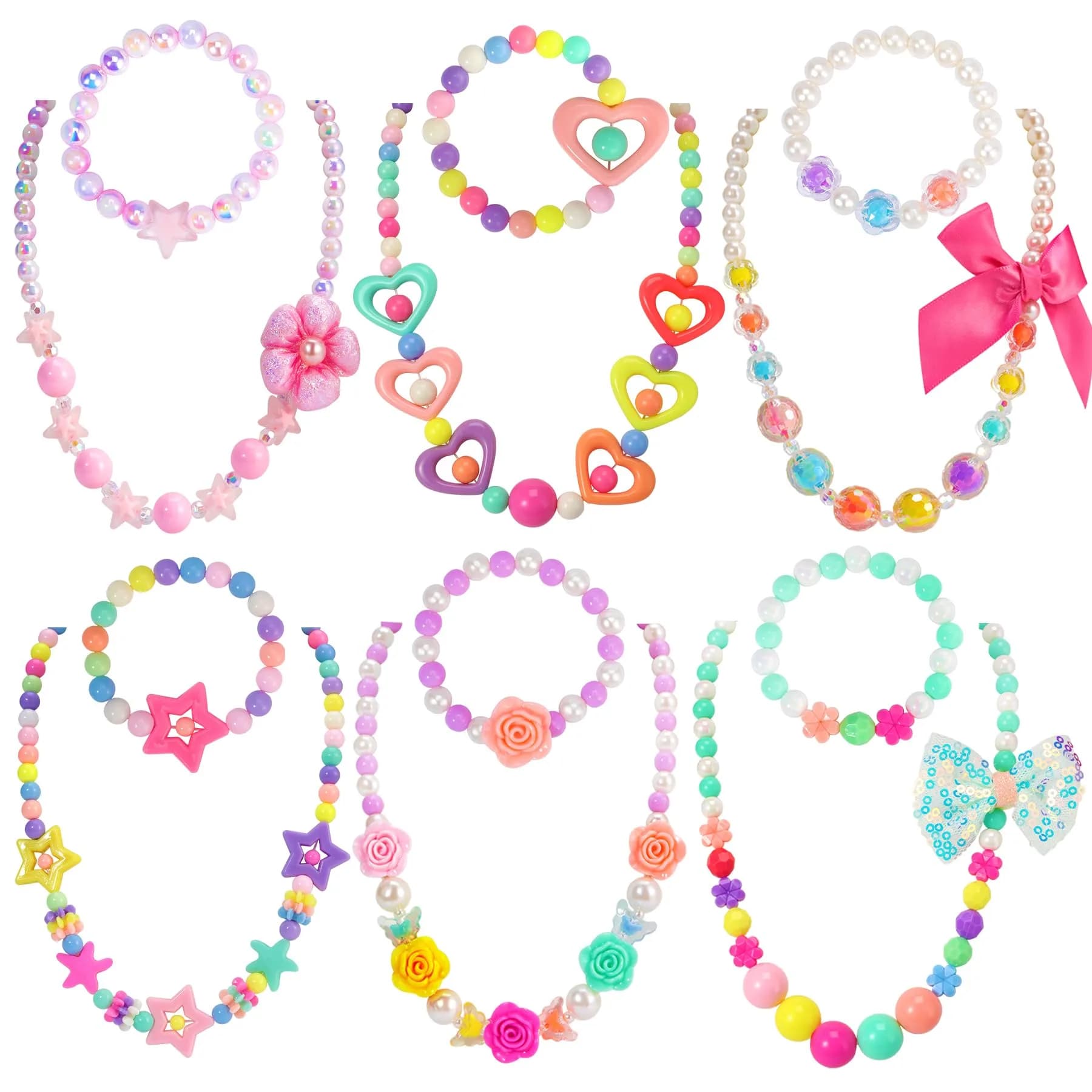 PinkSheep Kids Classic Jewelry Set | 6 Beaded Necklaces & Bracelets for Girls 3-8