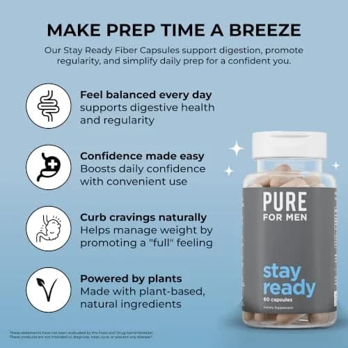 Pure for Men Stay Ready Fiber Supplement Psyllium Husk 60 Vegan Capsules | Supports Digestive Health & Regularity thumbnail 4