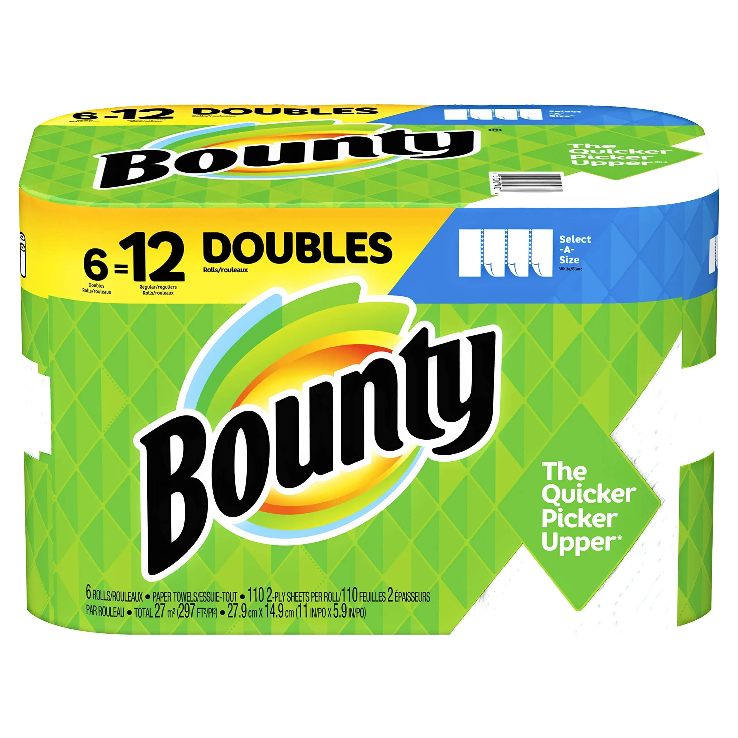 Bounty Select-a-Size Paper Towels, 2-Ply White, 74 Sheets/Roll, 8 Rolls/Carton | Absorbent & Strong for Spills - main product image