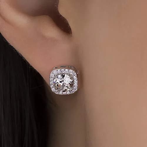 Devin Rose Square Halo Stud Earrings, White Rhodium Plated Brass | Elegant Crystal Jewelry for Women thumbnail 2