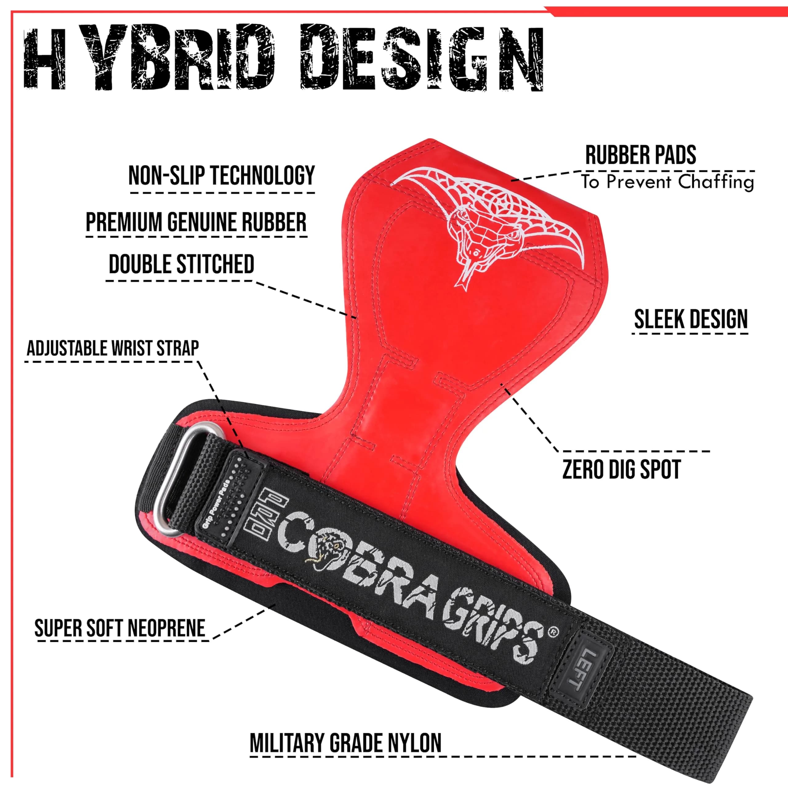 Cobra Grips PRO Red Rubber Weightlifting Gloves with Wrist Wraps - 5.5-8.75" Wrist Support thumbnail 3