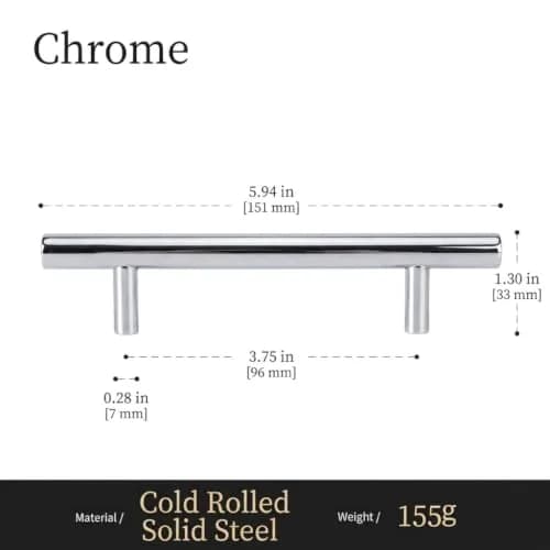 ALPINE HARDWARE PREMIUM SOLID Euro Style Bar Handle Pull-10Pack-3.75 In Hole Center & 6 1/8 In Length Heavy Stainless Steel Chrome thumbnail 4