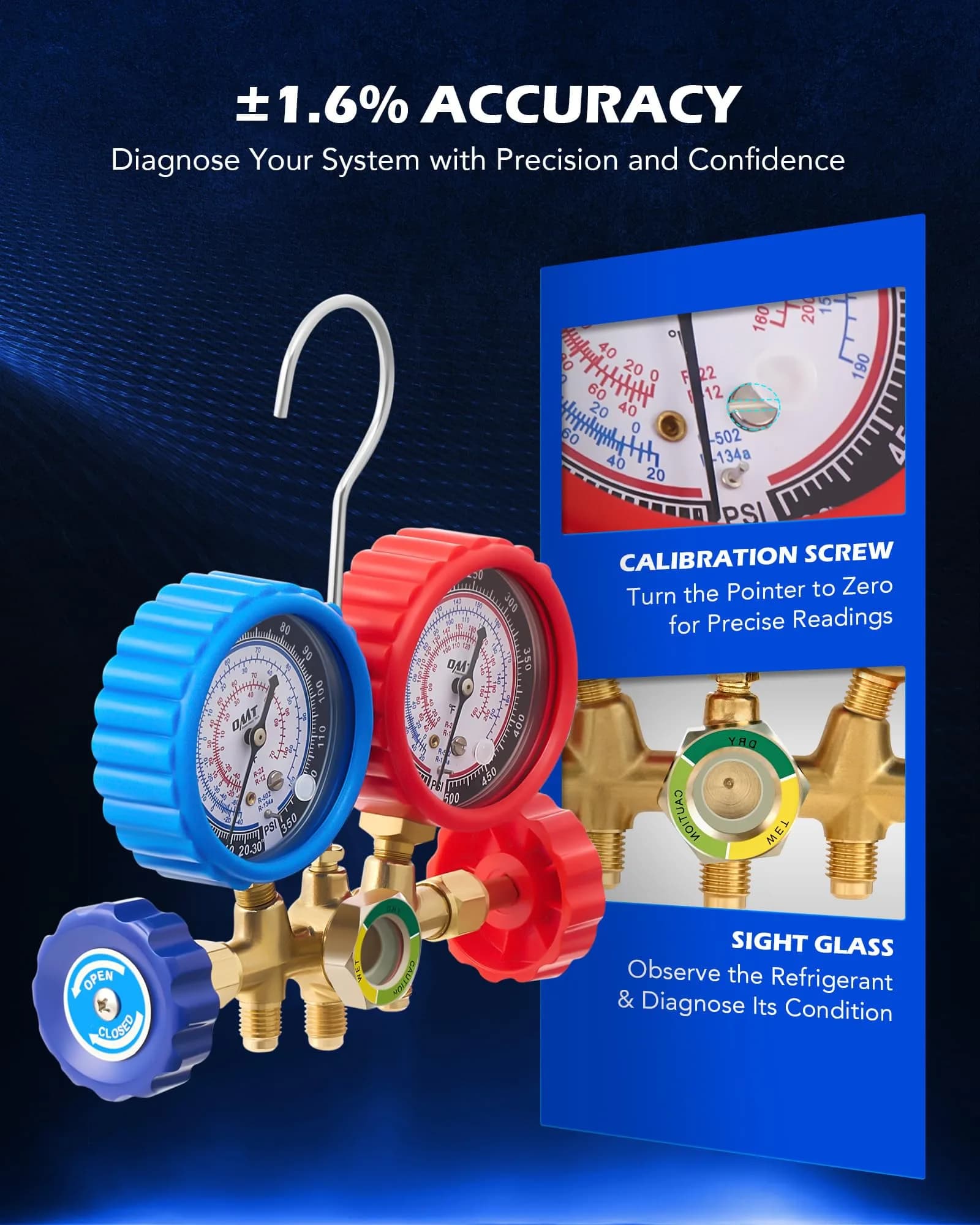 Orion Motor Tech AC Gauge Set for R134a, R12, R22, R502, 5 ft Hoses | Professional Automotive HVAC Tool Kit - view 5