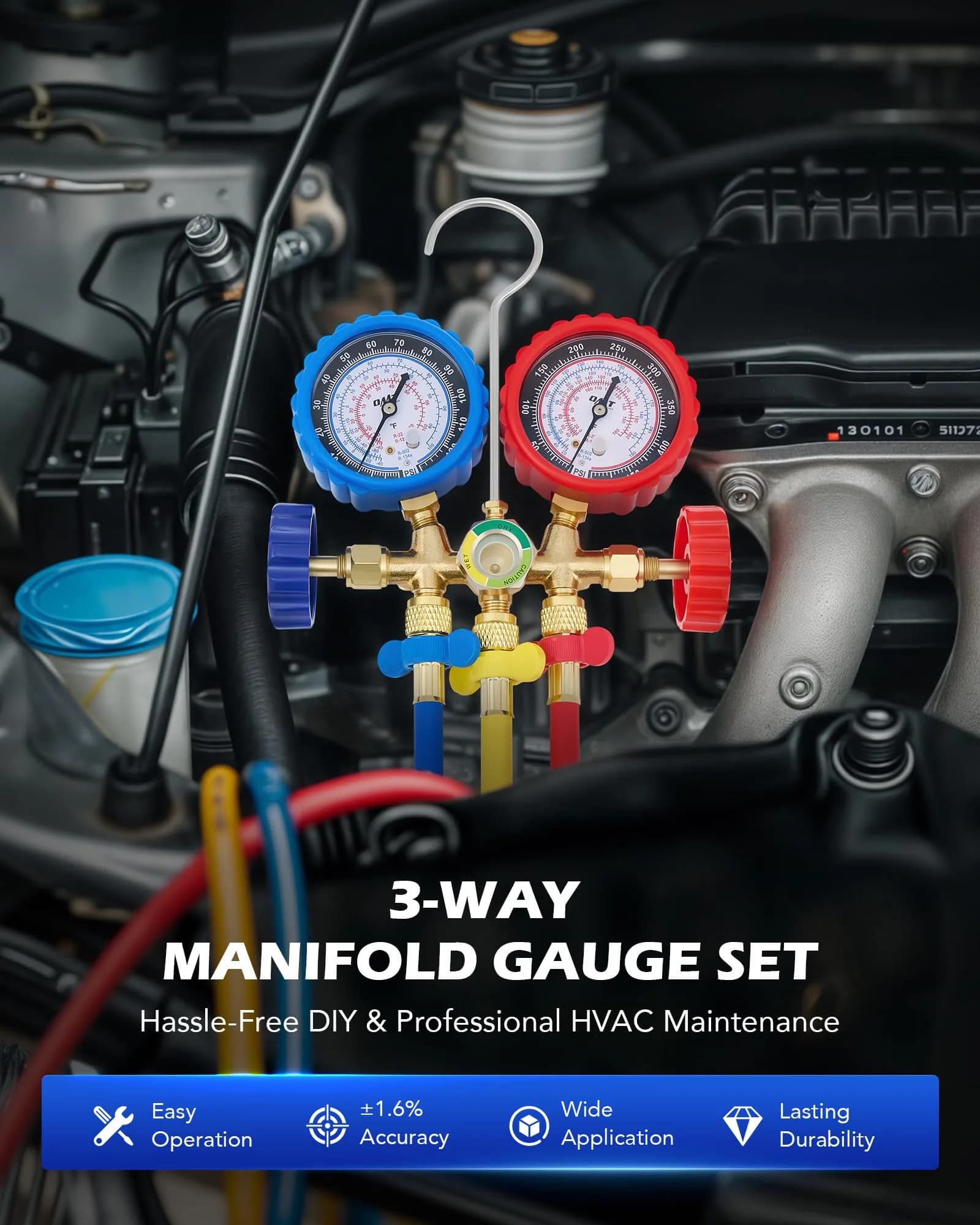 Orion Motor Tech AC Gauge Set for R134a, R12, R22, R502, 5 ft Hoses | Professional Automotive HVAC Tool Kit - view 2
