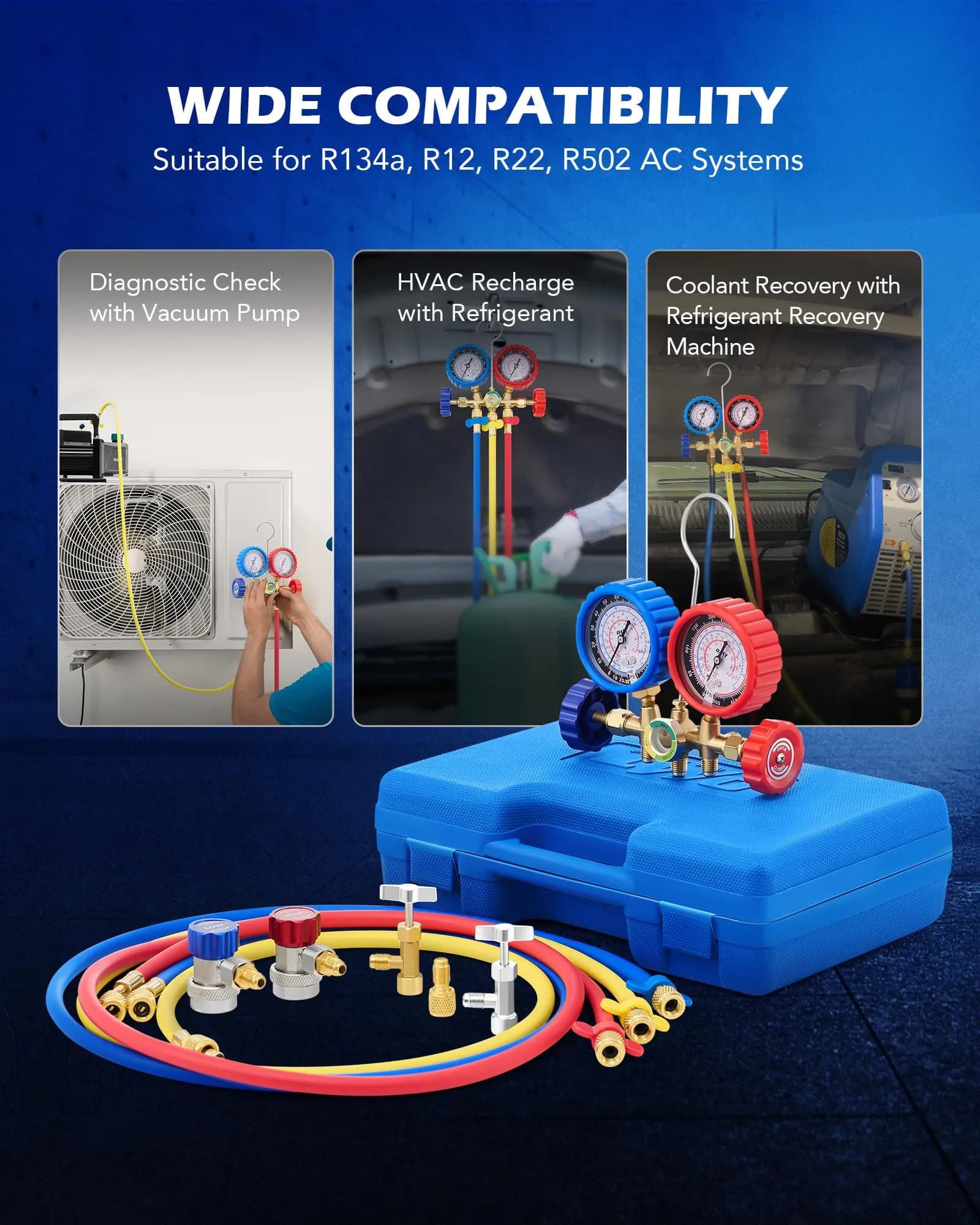 Orion Motor Tech AC Gauge Set for R134a, R12, R22, R502, 5 ft Hoses | Professional Automotive HVAC Tool Kit - view 4