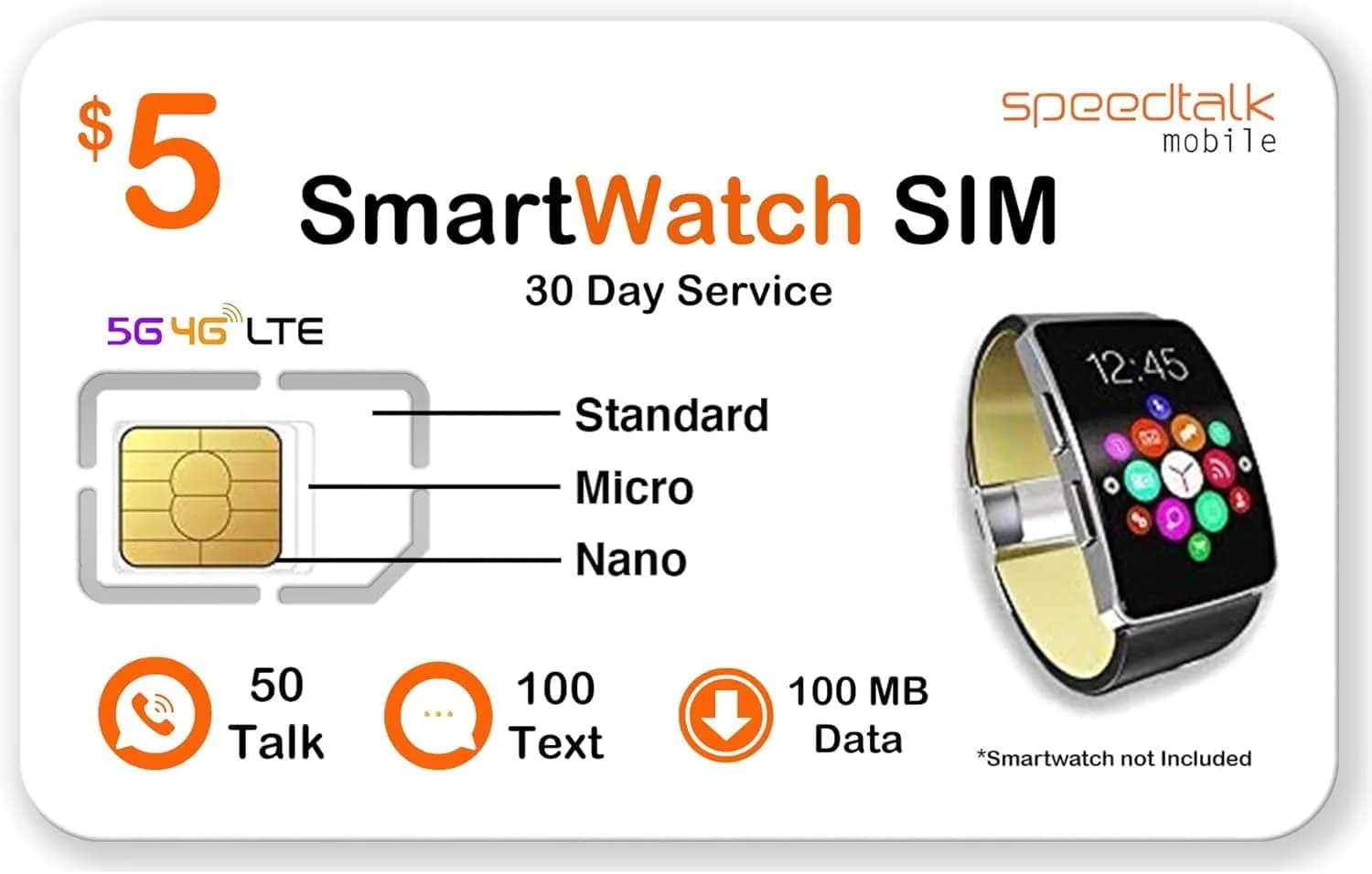 SpeedTalk Mobile Smartwatch SIM Card Kit 5G 4G LTE Wearables | Unlimited Talk Text 2GB Data | 3-in-1 Triple-Cut SIM | Prepaid Plan — White