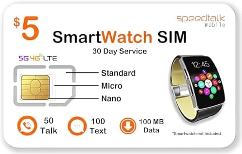 SpeedTalk Mobile $5 Prepaid Smart Watch SIM Card Kit | Triple Cut 3-in-1 SIM (Standard, Micro, Nano) | USA Coverage 30 Days Service thumbnail 1