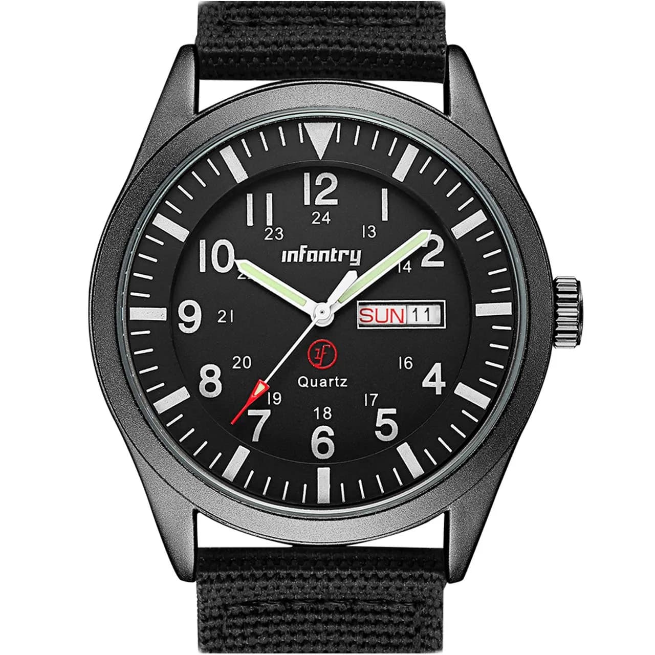 Infantry Men's Military Field Watch 40mm Black Nylon Band | 12/24H Analog Quartz — Black