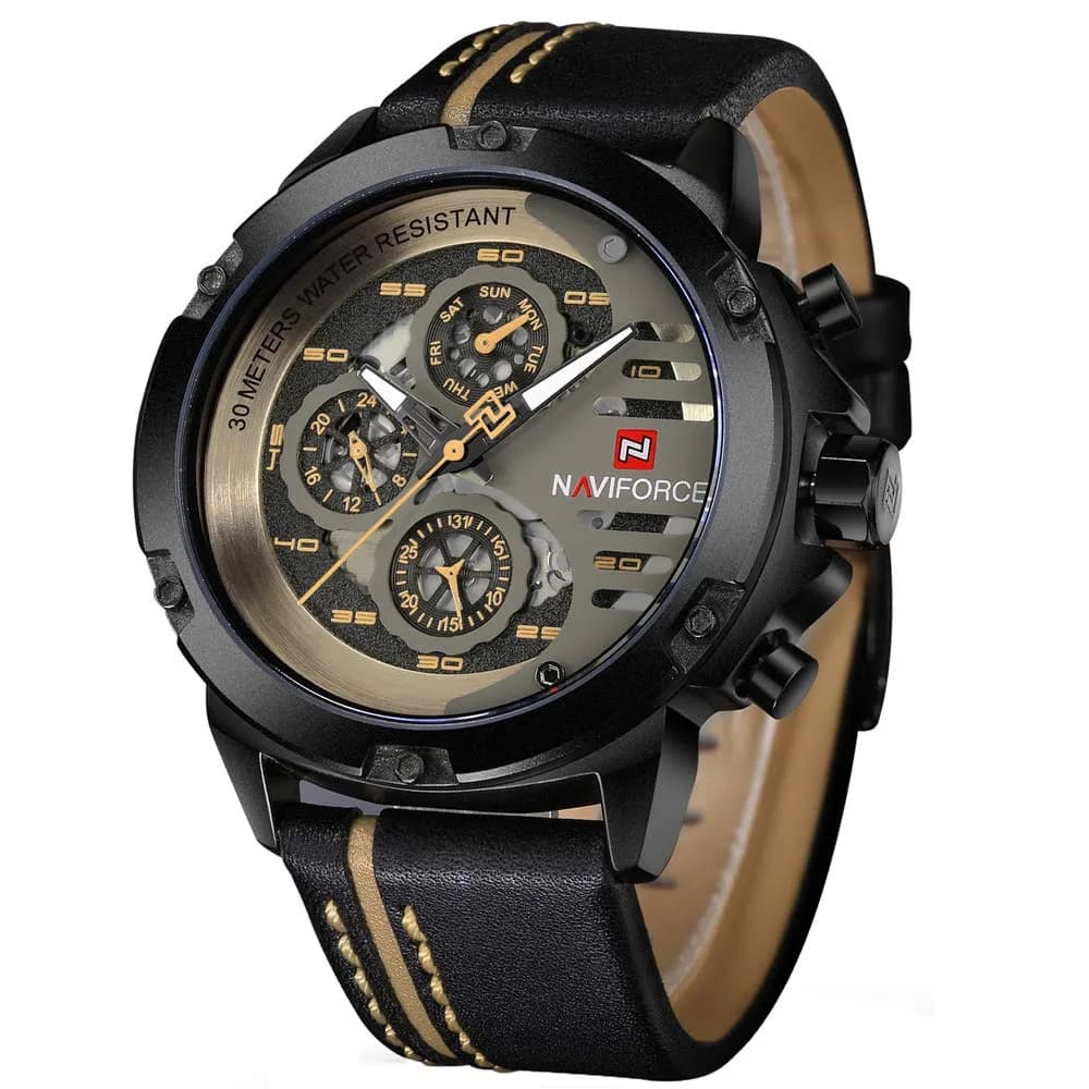 NAVIFORCE Sport Military Watch for Men — 4.8cm Case, 25cm Leather Band | Analog Quartz with Date & Luminous Hands - main product image