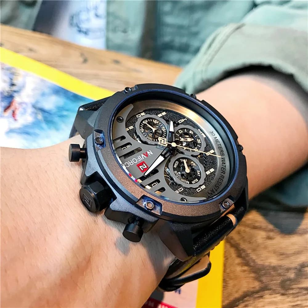 NAVIFORCE Sport Military Watch for Men — 4.8cm Case, 25cm Leather Band | Analog Quartz with Date & Luminous Hands - view 2