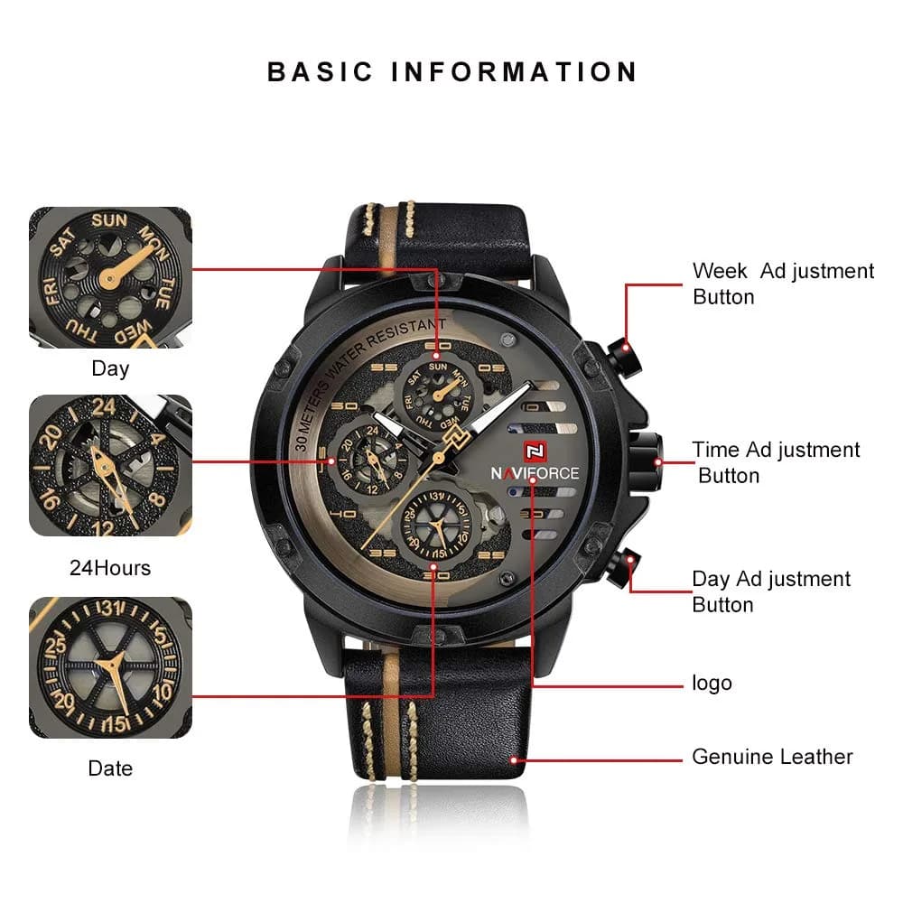 NAVIFORCE Sport Military Watch for Men — 4.8cm Case, 25cm Leather Band | Analog Quartz with Date & Luminous Hands - view 3